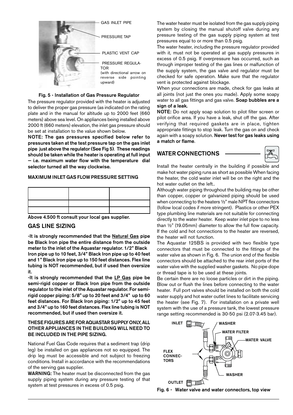 Water connections, Gas line sizing | Bosch 125B LPS User Manual | Page 11 / 22