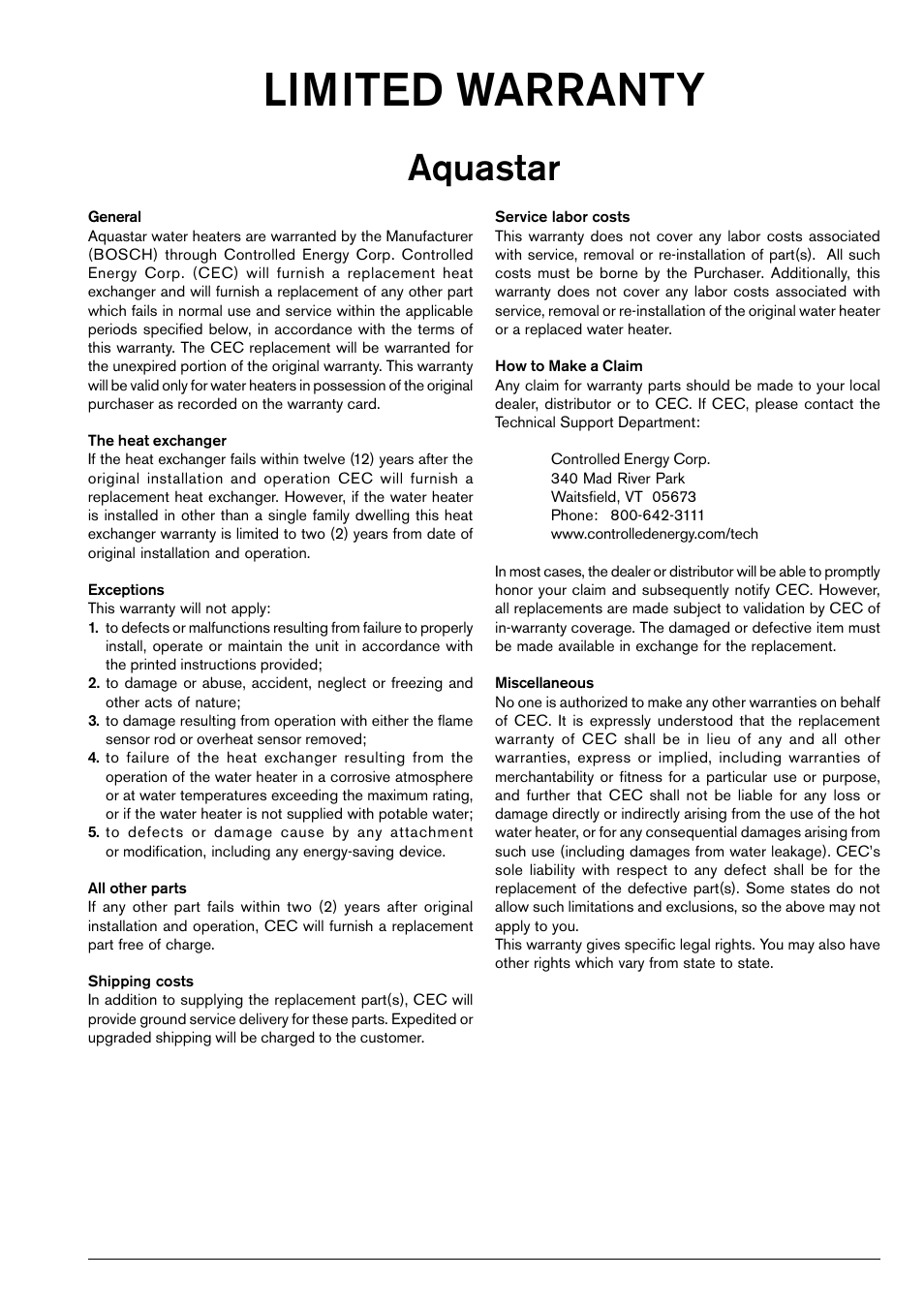 Limited warranty, Aquastar | Bosch 125B LPS User Manual | Page 21 / 22