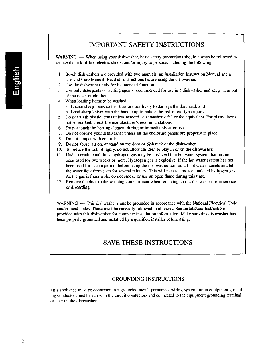 Important safety instructions, Save these instructions, Grounding instructions | Bosch SHU 3030 User Manual | Page 2 / 16