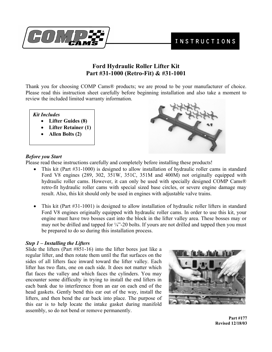 COMP Cams 31-1001 Ford Hydraulic Roller Lifter Kit User Manual | 3 pages