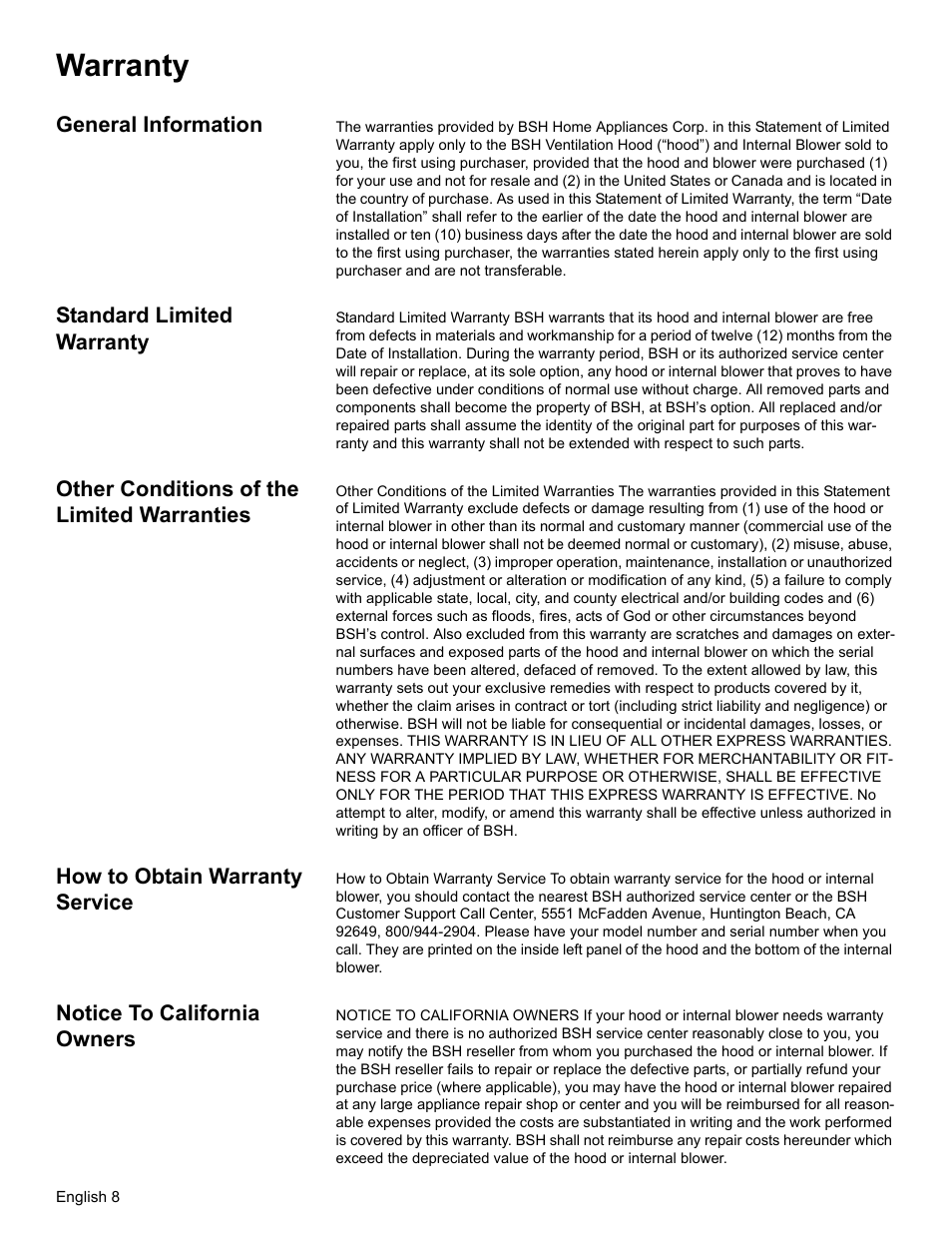 Warranty, General information, Standard limited warranty | Other conditions of the limited warranties, How to obtain warranty service, Notice to california owners | Bosch DKE94 User Manual | Page 10 / 32