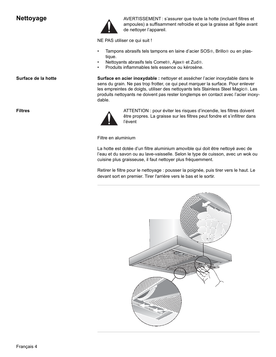 Nettoyage, Surface de la hotte, Filtres | Bosch DKE94 User Manual | Page 16 / 32