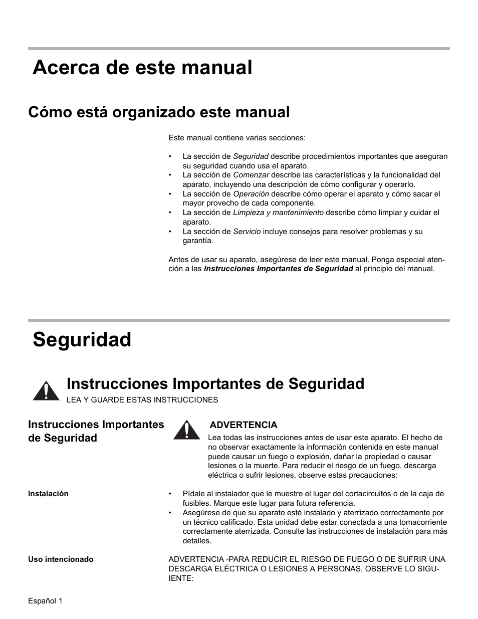 Acerca de este manual, Cómo está organizado este manual, Seguridad | Instrucciones importantes de seguridad, Instalación, Uso intencionado, Acerca de este manual seguridad | Bosch DKE94 User Manual | Page 23 / 32