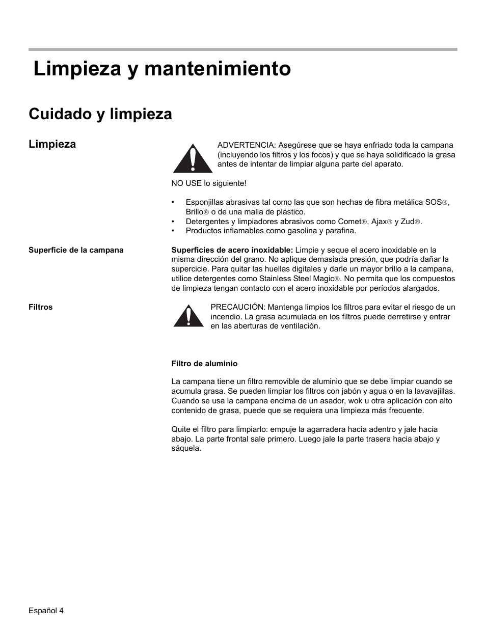 Limpieza y mantenimiento, Cuidado y limpieza, Limpieza | Superficie de la campana, Filtros | Bosch DKE94 User Manual | Page 26 / 32