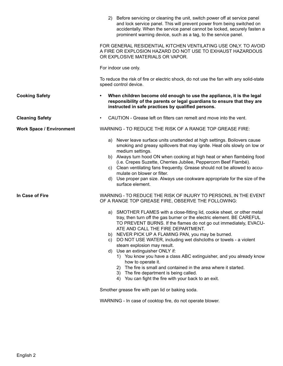 Cooking safety, Cleaning safety, Work space / environment | In case of fire | Bosch DKE94 User Manual | Page 4 / 32