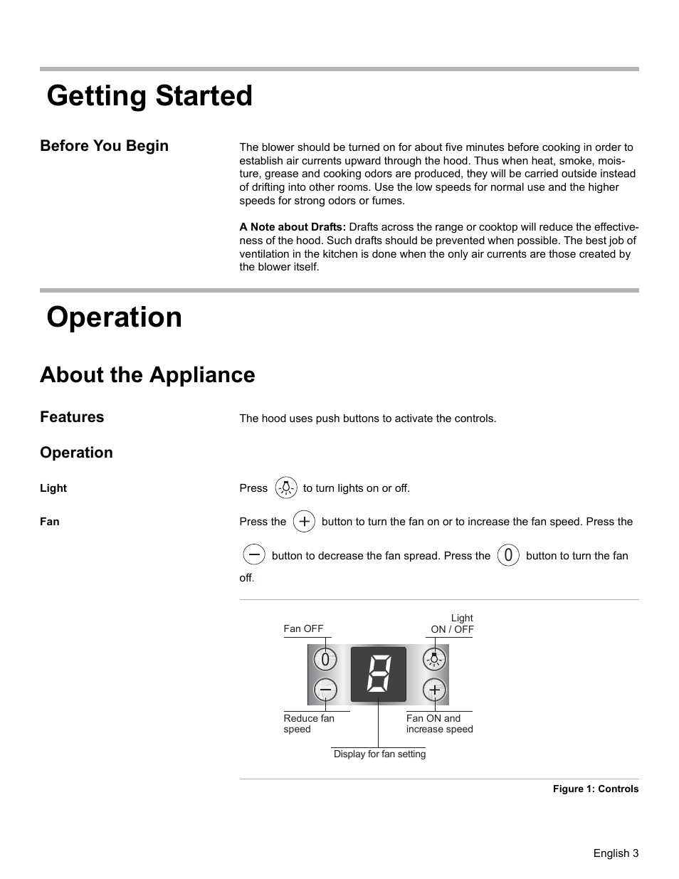 Getting started, Before you begin, Operation | About the appliance, Features, Light, Getting started operation | Bosch DKE94 User Manual | Page 5 / 32
