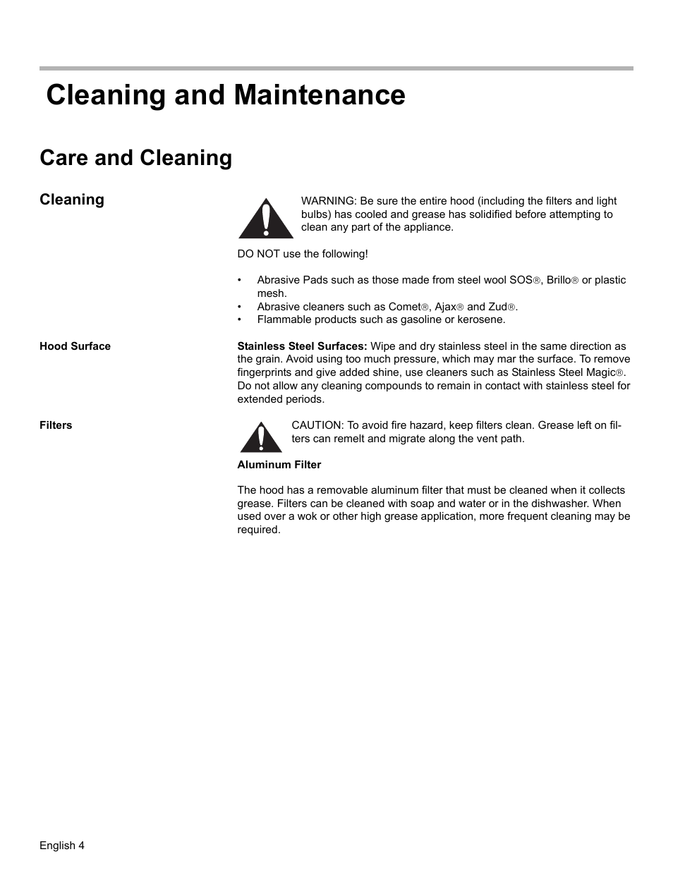Cleaning and maintenance, Care and cleaning, Cleaning | Hood surface, Filters | Bosch DKE94 User Manual | Page 6 / 32