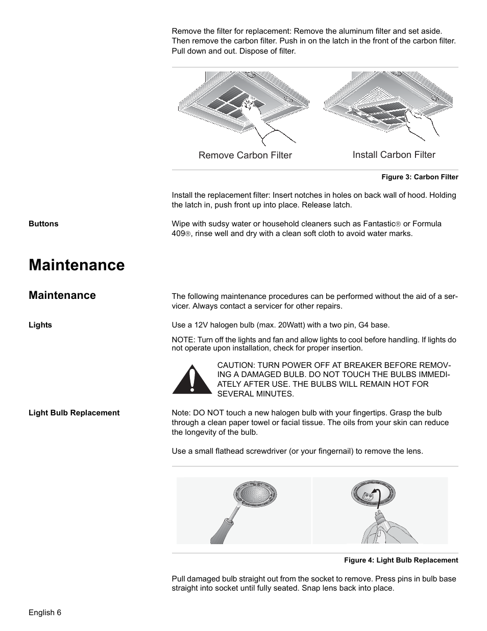 Buttons, Maintenance, Lights | Light bulb replacement | Bosch DKE94 User Manual | Page 8 / 32