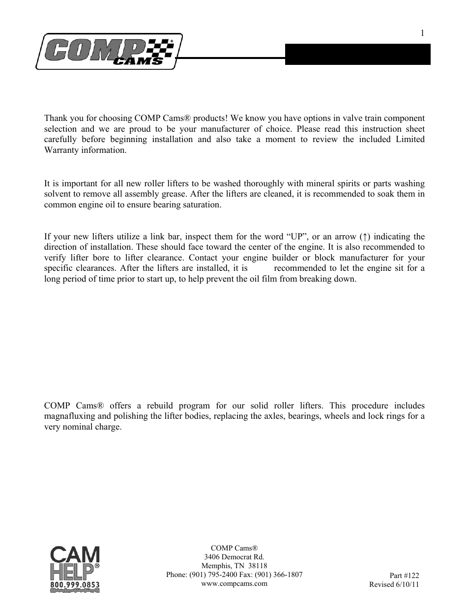COMP Cams Roller Lifter User Manual | 2 pages