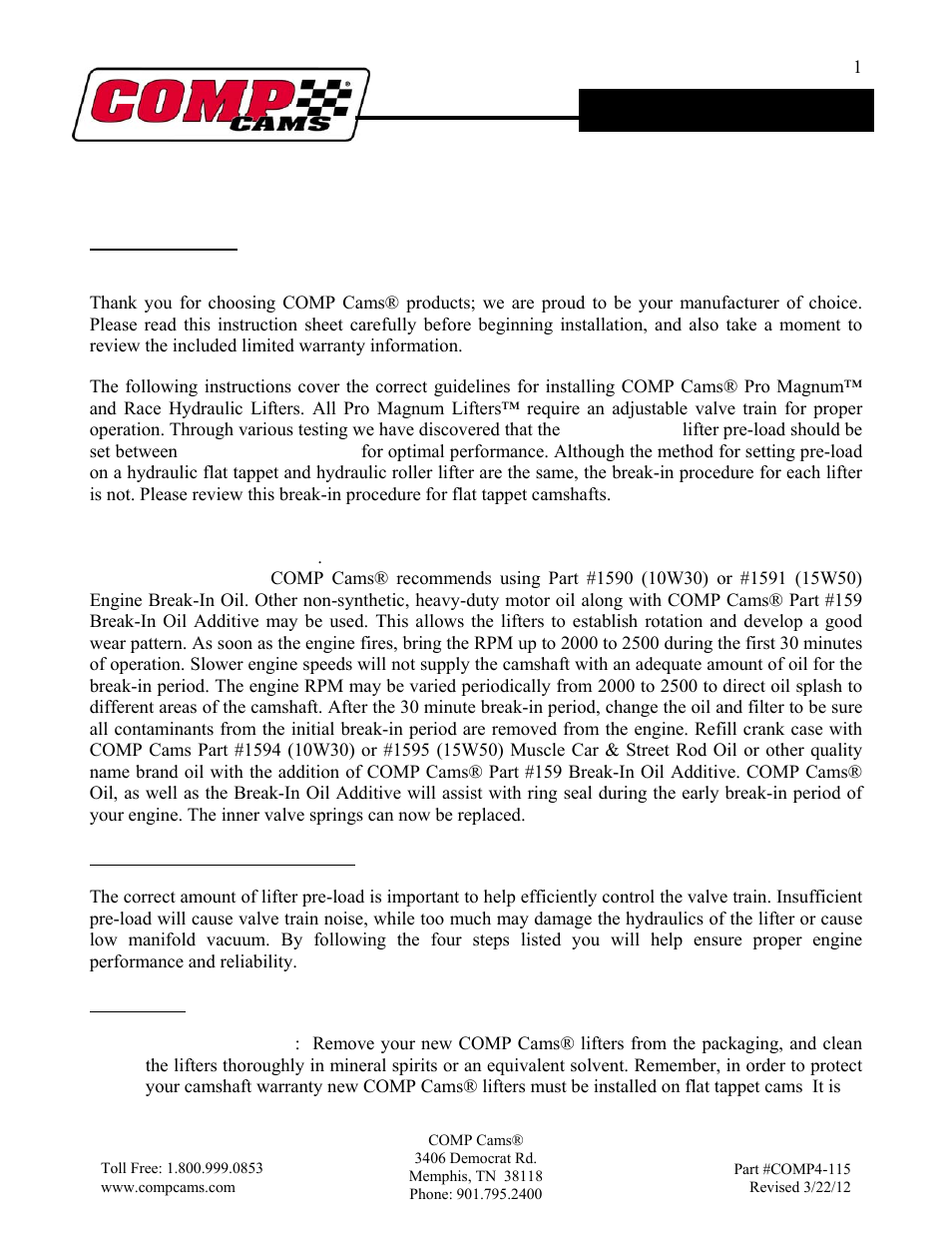 COMP Cams 84035-16 Race Hydraulic Lifters User Manual | 3 pages