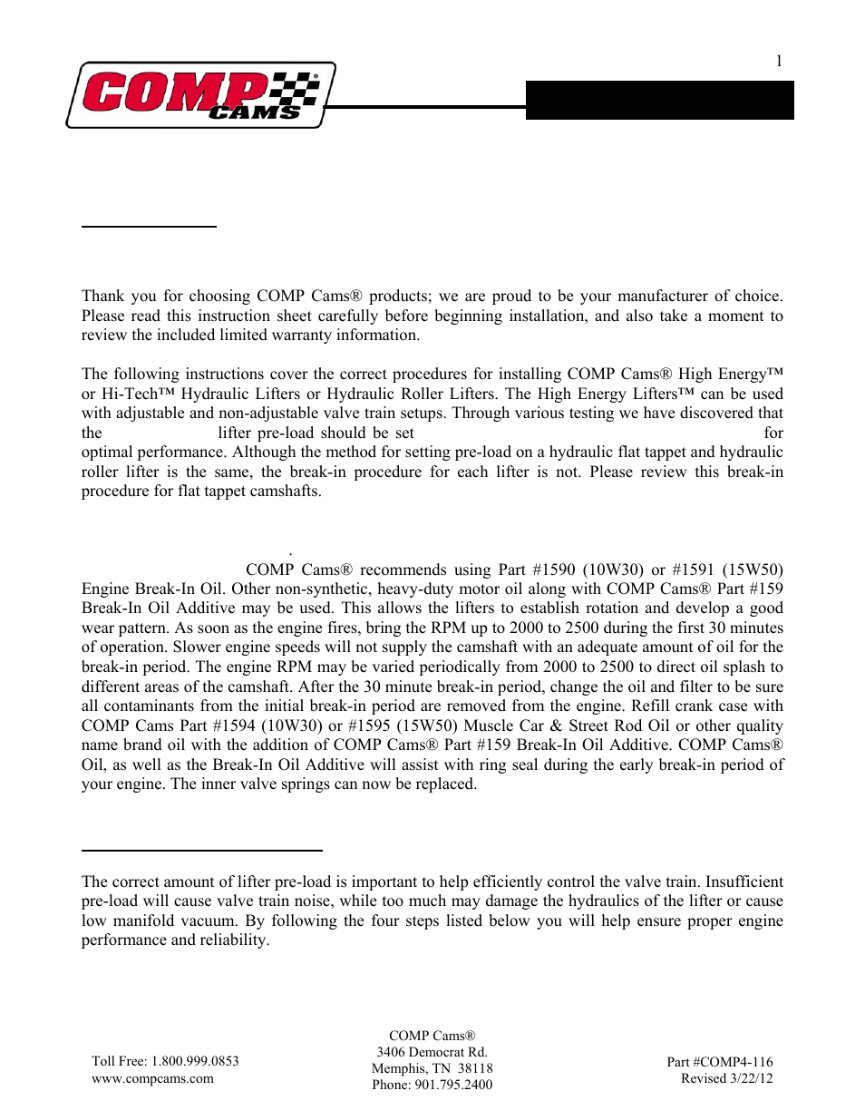 COMP Cams Hi-Tech Hydraulic Lifters User Manual | 4 pages