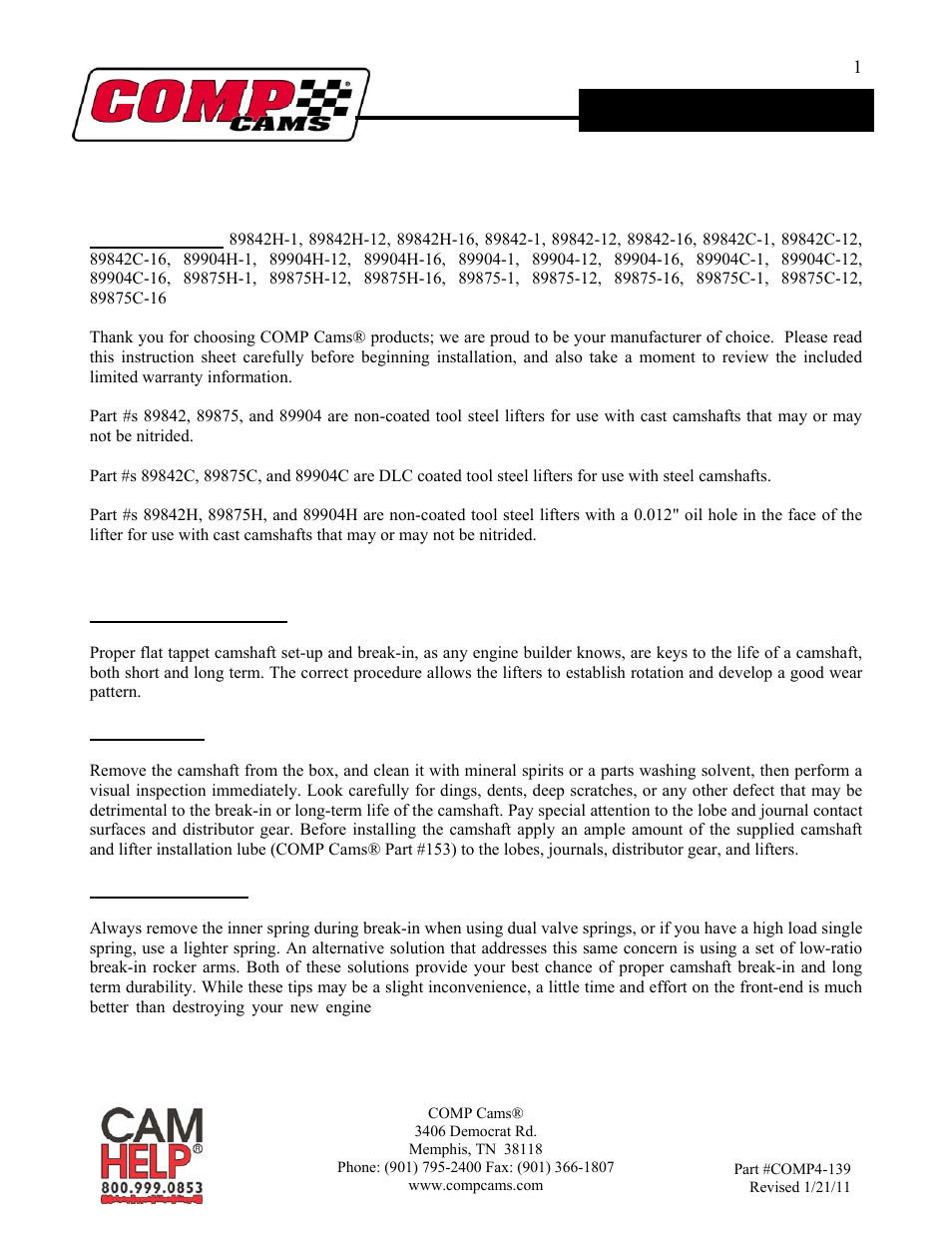 COMP Cams Tool Steel Lifters User Manual | 2 pages