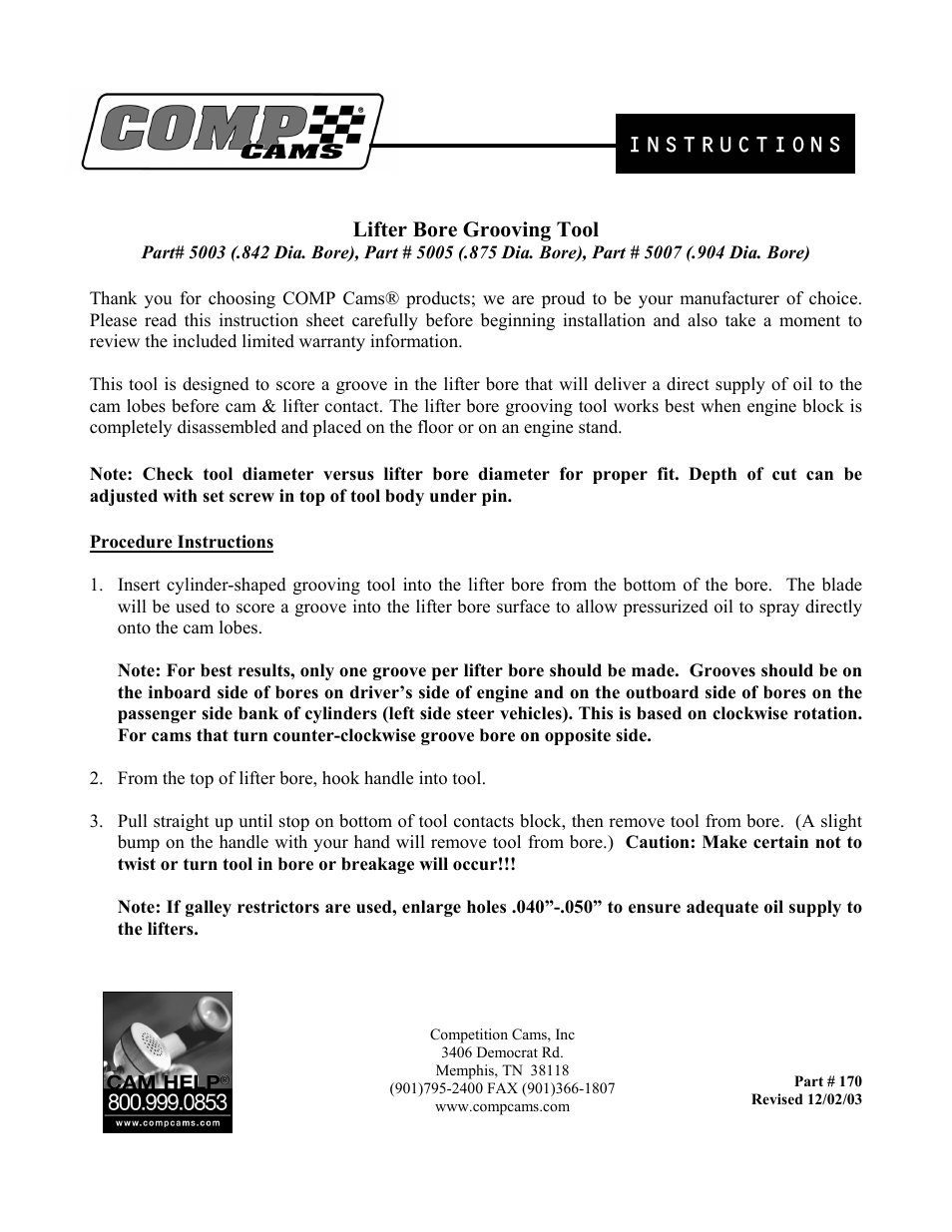 COMP Cams 5007 Lifter Bore Grooving Tool User Manual | 2 pages