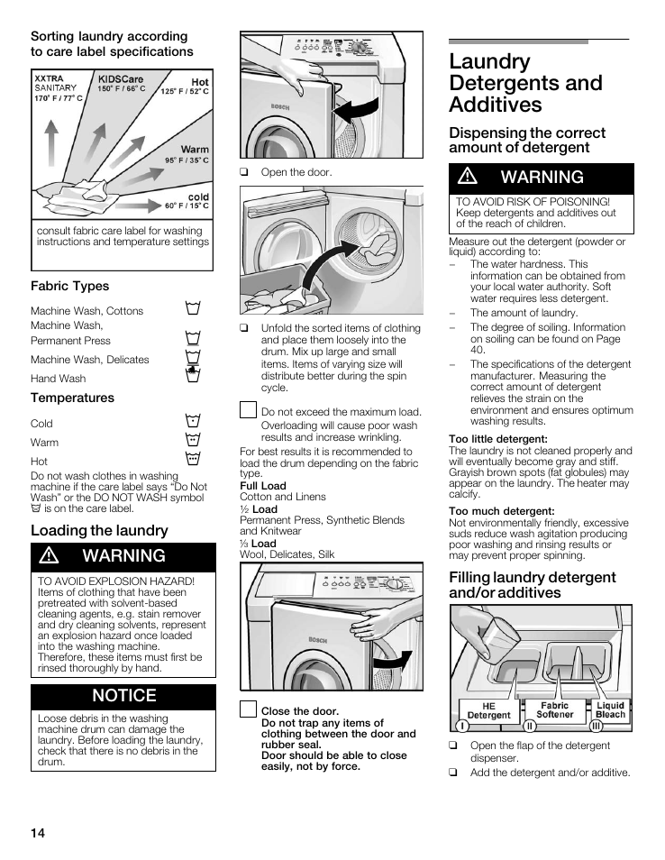 Laundry detergents and additives, Warning, Notice | Loading the laundry, Dispensing the correct amount of detergent, Filling laundry detergent and/or additives | Bosch Nexxt 500 Plus Series User Manual | Page 14 / 88