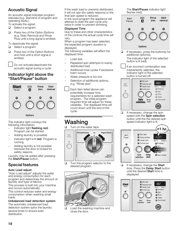 Washing, Acoustic signal, Indicator light above the start/pause" button | Special features | Bosch Nexxt 500 Plus Series User Manual | Page 18 / 88