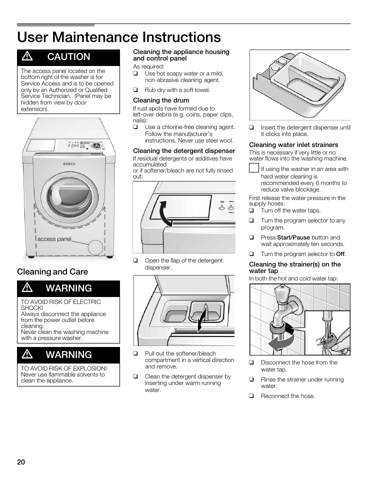 User maintenance instructions, Caution, Warning | Cleaning and care | Bosch Nexxt 500 Plus Series User Manual | Page 20 / 88