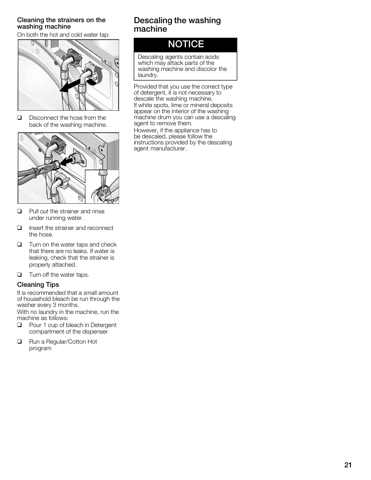 Notice, Descaling the washing machine | Bosch Nexxt 500 Plus Series User Manual | Page 21 / 88