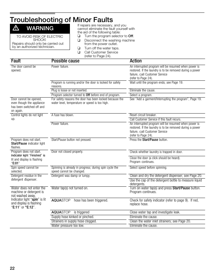 Troubleshooting of minor faults d, Warning, Fault possible cause action | Bosch Nexxt 500 Plus Series User Manual | Page 22 / 88