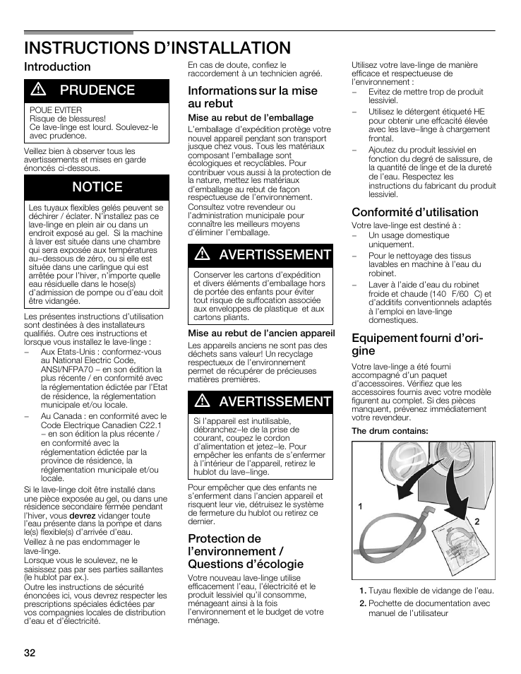 Instructions d'installation, Prudence, Notice | Avertissement, Introduction, Informations sur la mise au rebut, Conformité d'utilisation, Equipement fourni d'orić gine | Bosch Nexxt 500 Plus Series User Manual | Page 32 / 88