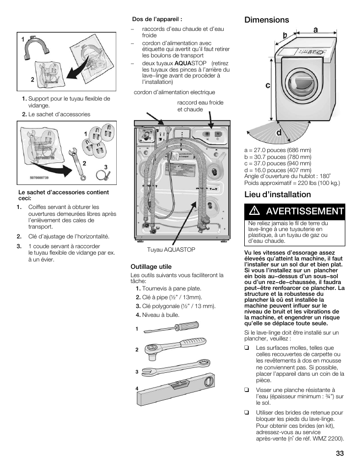 Avertissement, Dimensions, Lieu d'installation | Bosch Nexxt 500 Plus Series User Manual | Page 33 / 88