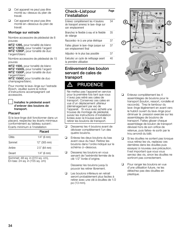 Prudence, Check-list pour l'installation | Bosch Nexxt 500 Plus Series User Manual | Page 34 / 88