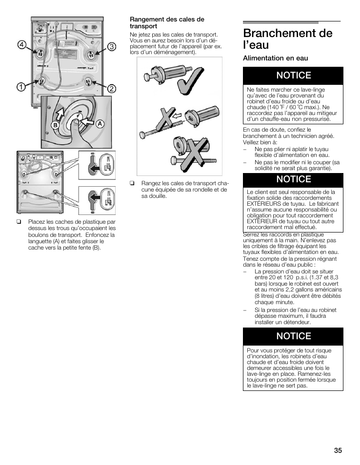 Branchement de l'eau, Notice | Bosch Nexxt 500 Plus Series User Manual | Page 35 / 88