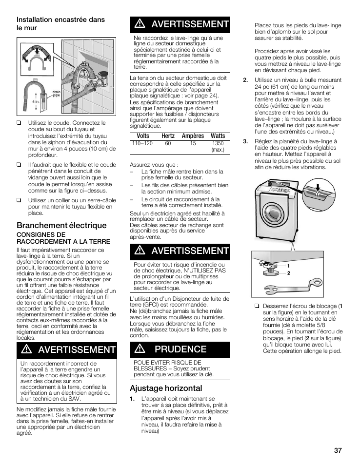 Avertissement, Prudence, Branchement électrique | Ajustage horizontal | Bosch Nexxt 500 Plus Series User Manual | Page 37 / 88