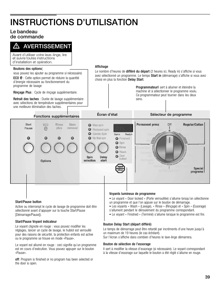 Instructions d'utilisation, Avertissement, Le bandeau de commande | Bosch Nexxt 500 Plus Series User Manual | Page 39 / 88