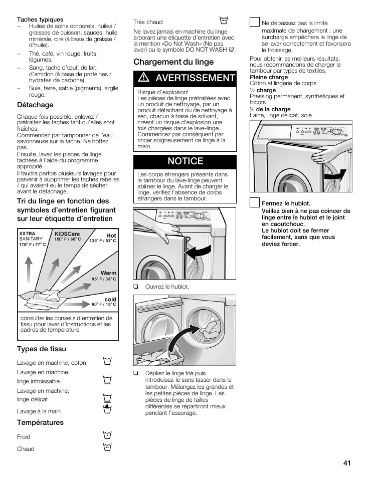 Avertissement, Notice, Chargement du linge | Bosch Nexxt 500 Plus Series User Manual | Page 41 / 88