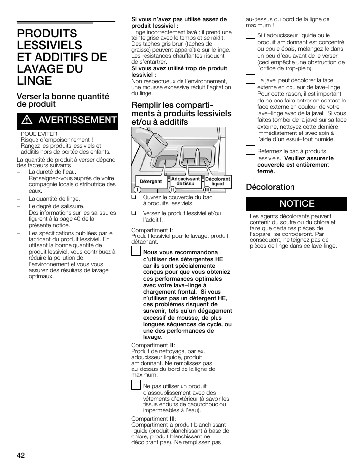 Produits lessiviels et additifs de lavage du linge, Avertissement, Notice | Verser la bonne quantité de produit, Décoloration | Bosch Nexxt 500 Plus Series User Manual | Page 42 / 88