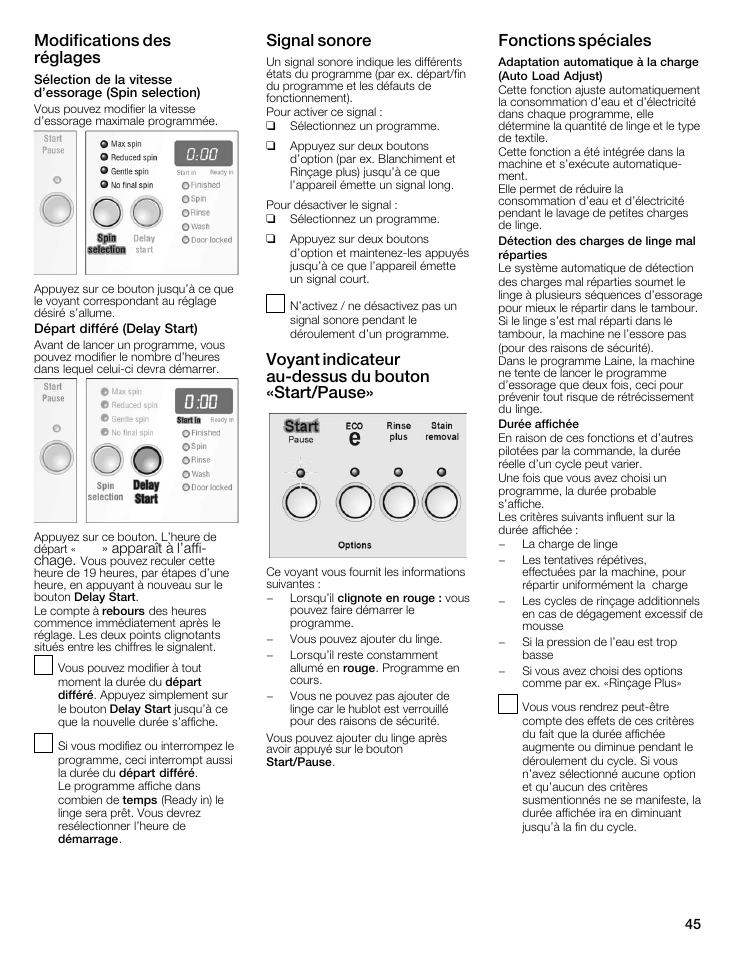 Modifications des réglages, Signal sonore, Voyant indicateur aućdessus du bouton «start/pause | Fonctions spéciales | Bosch Nexxt 500 Plus Series User Manual | Page 45 / 88