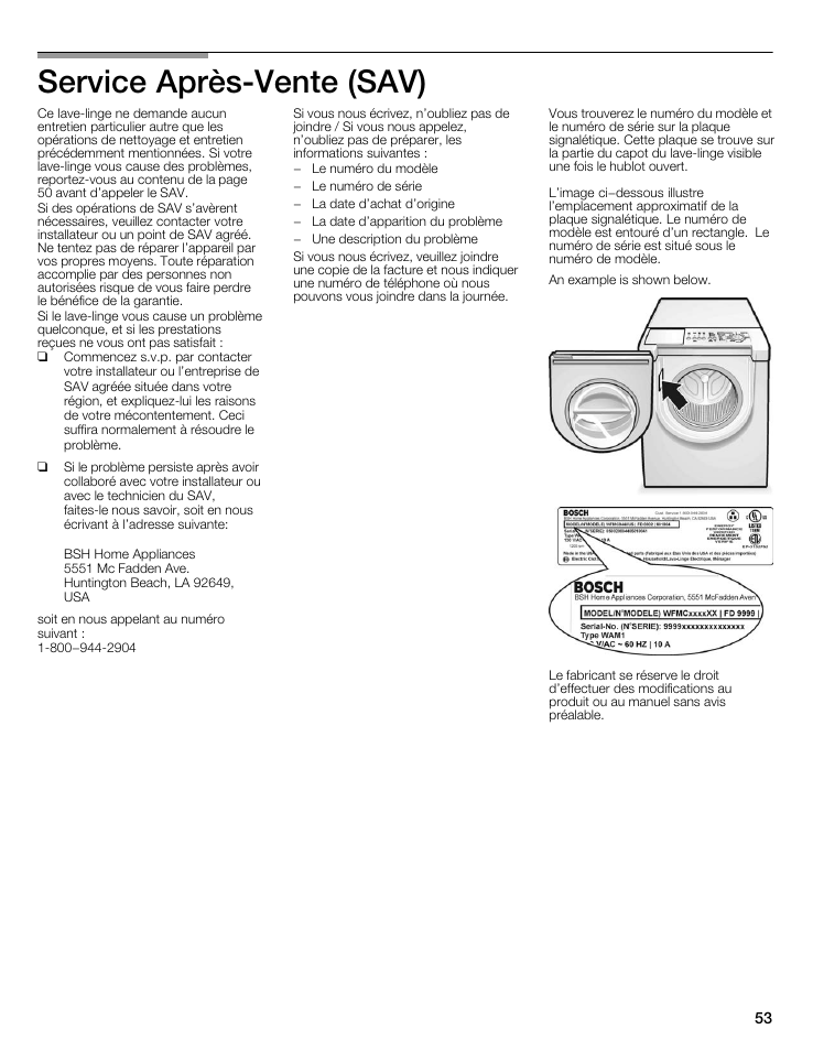 Service aprèsćvente (sav) | Bosch Nexxt 500 Plus Series User Manual | Page 53 / 88