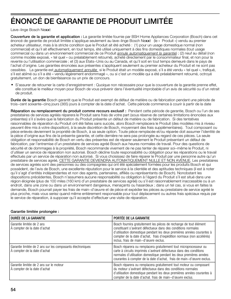 Énoncé de garantie de produit limitée | Bosch Nexxt 500 Plus Series User Manual | Page 54 / 88