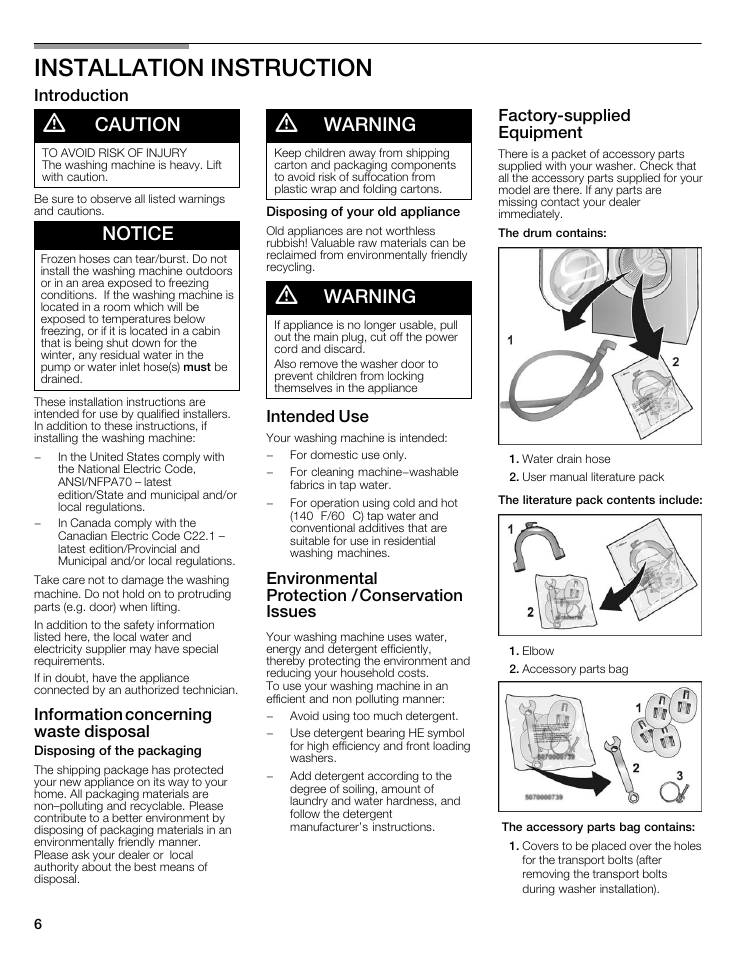 Installation instruction, Caution, Notice | Warning, Introduction, Information concerning waste disposal, Intended use, Environmental protection / conservation issues, Factoryćsupplied equipment | Bosch Nexxt 500 Plus Series User Manual | Page 6 / 88