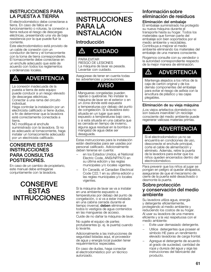 Advertencia, Cuidado, Aviso | Instrucciones para la puesta aătierra, Introducción, Información sobre eliminación de residuos, Sobre protección yăconservación del medio ambiente | Bosch Nexxt 500 Plus Series User Manual | Page 61 / 88