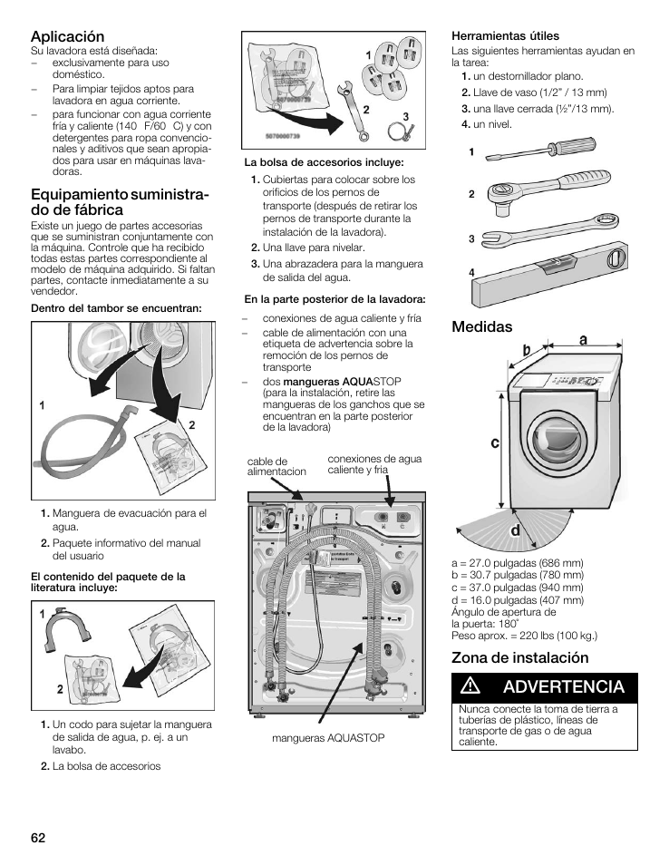 Advertencia, Aplicación, Equipamiento suministrać do de fábrica | Medidas, Zona de instalación | Bosch Nexxt 500 Plus Series User Manual | Page 62 / 88