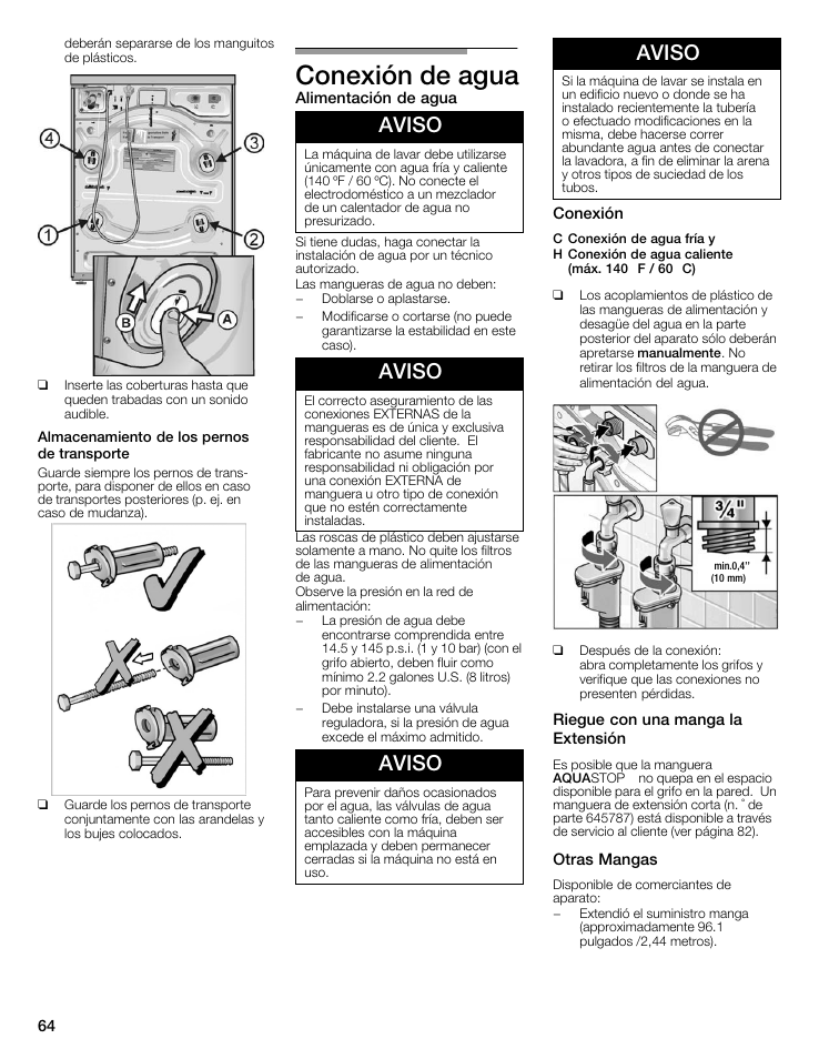 Conexión de agua, Aviso | Bosch Nexxt 500 Plus Series User Manual | Page 64 / 88