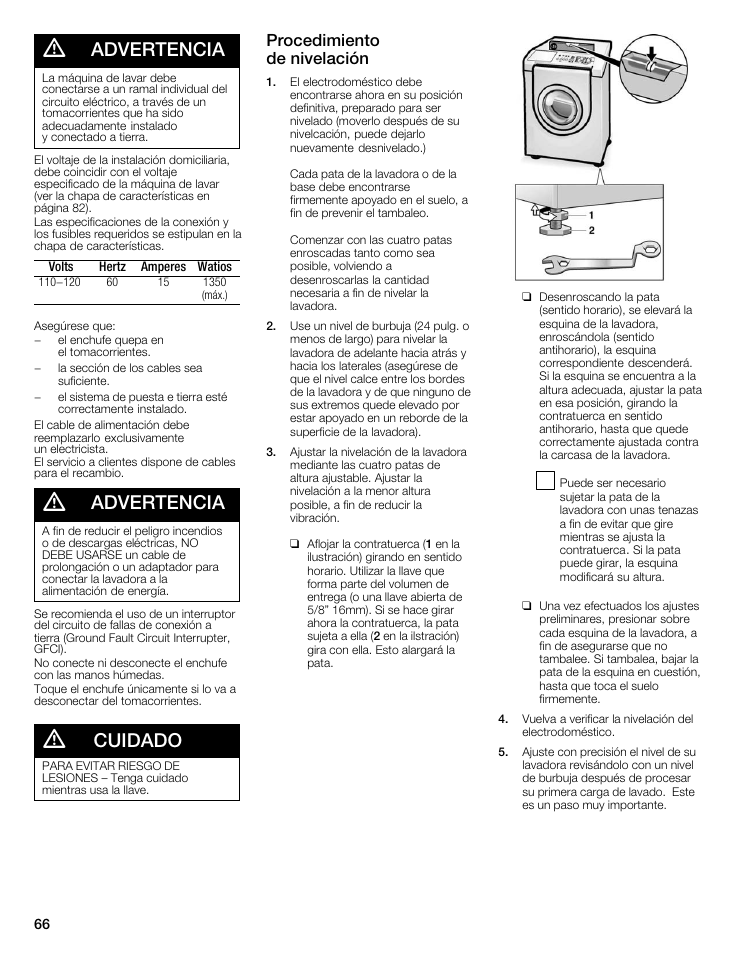 Advertencia, Cuidado, Procedimiento deănivelación | Bosch Nexxt 500 Plus Series User Manual | Page 66 / 88