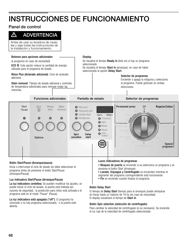 Instrucciones de funcionamiento, Advertencia, Panel de control | Bosch Nexxt 500 Plus Series User Manual | Page 68 / 88