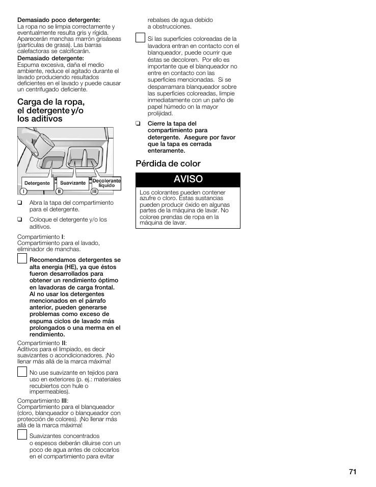 Aviso, Carga de la ropa, elădetergente y/o losăaditivos, Pérdida de color | Bosch Nexxt 500 Plus Series User Manual | Page 71 / 88