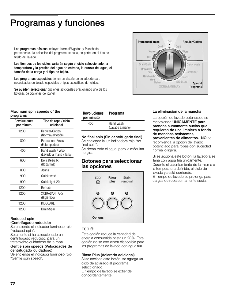 Programas yăfunciones, Botones para seleccionar las opciones | Bosch Nexxt 500 Plus Series User Manual | Page 72 / 88