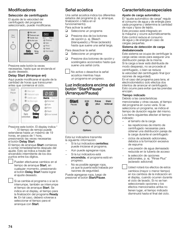 Modificadores, Señal acústica, Características especiales | Bosch Nexxt 500 Plus Series User Manual | Page 74 / 88