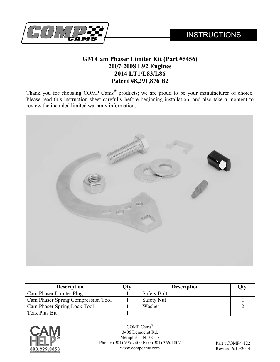 COMP Cams 5456 GM Cam Phaser Limiter Kit User Manual | 8 pages