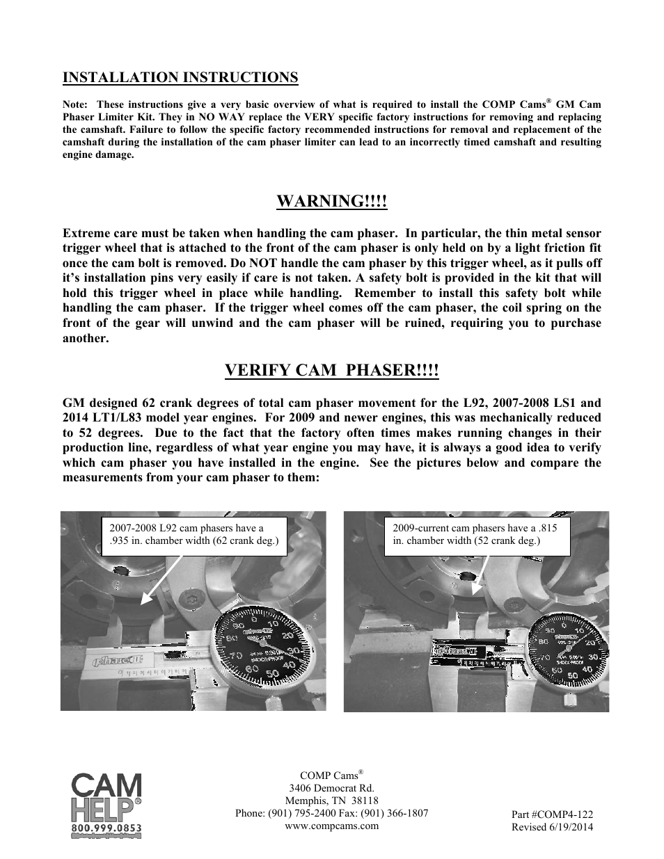 Warning, Verify cam phaser, Installation instructions | COMP Cams 5456 GM Cam Phaser Limiter Kit User Manual | Page 3 / 8