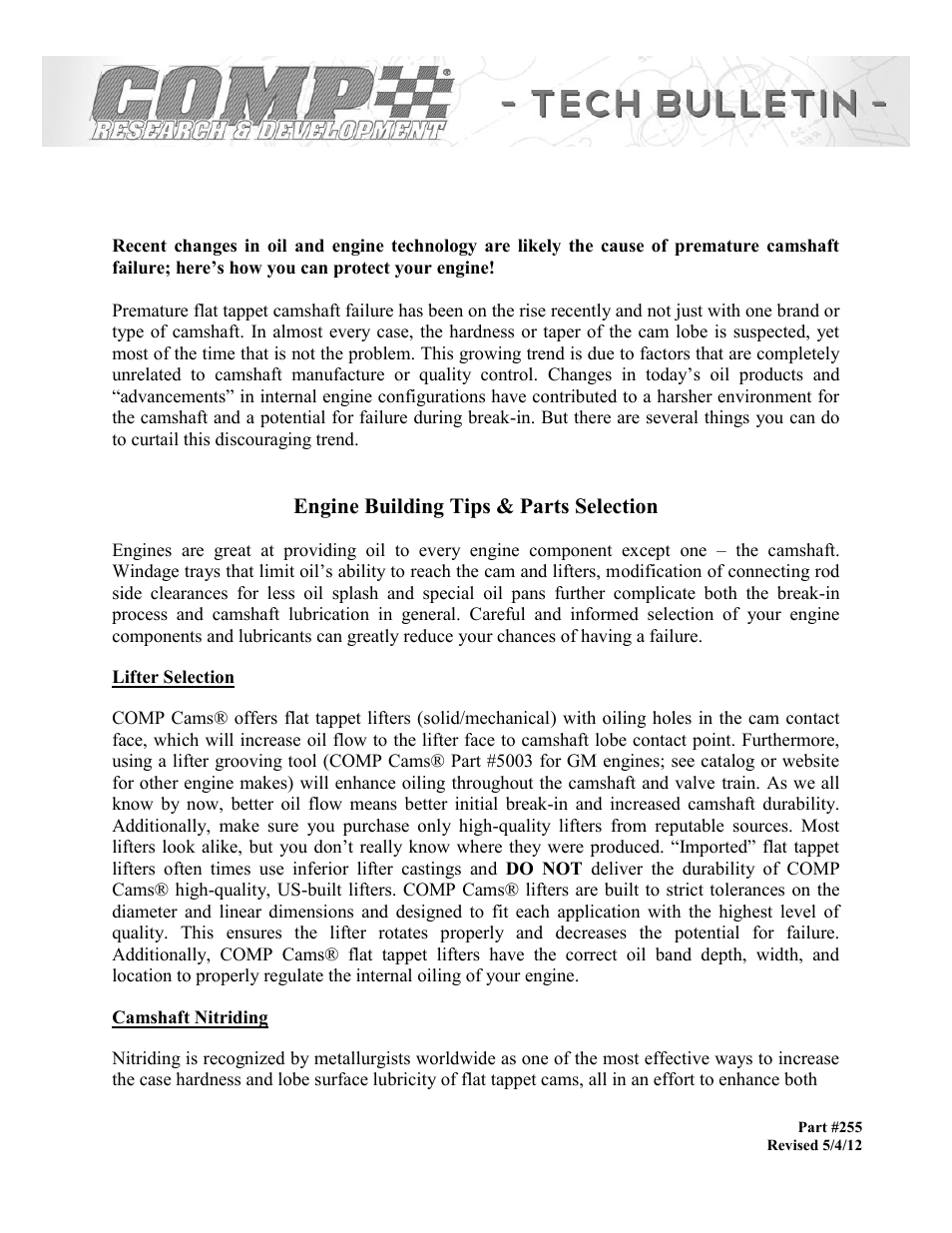 COMP Cams Flat Tappet Camshaft Failures (Hydraulic & Solid/Mechanical) User Manual | 4 pages