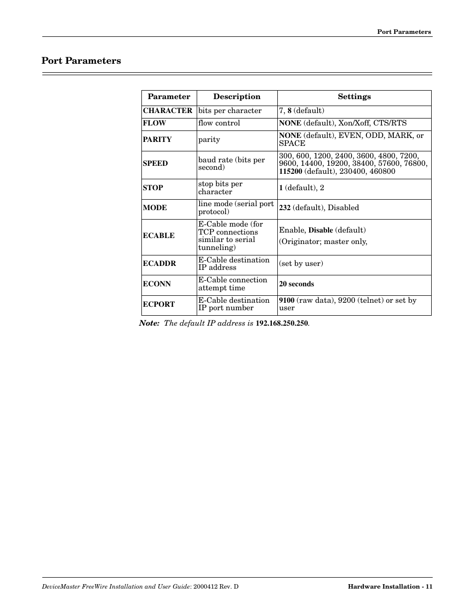 Port parameters | Comtrol FreeWire User Manual | Page 11 / 54