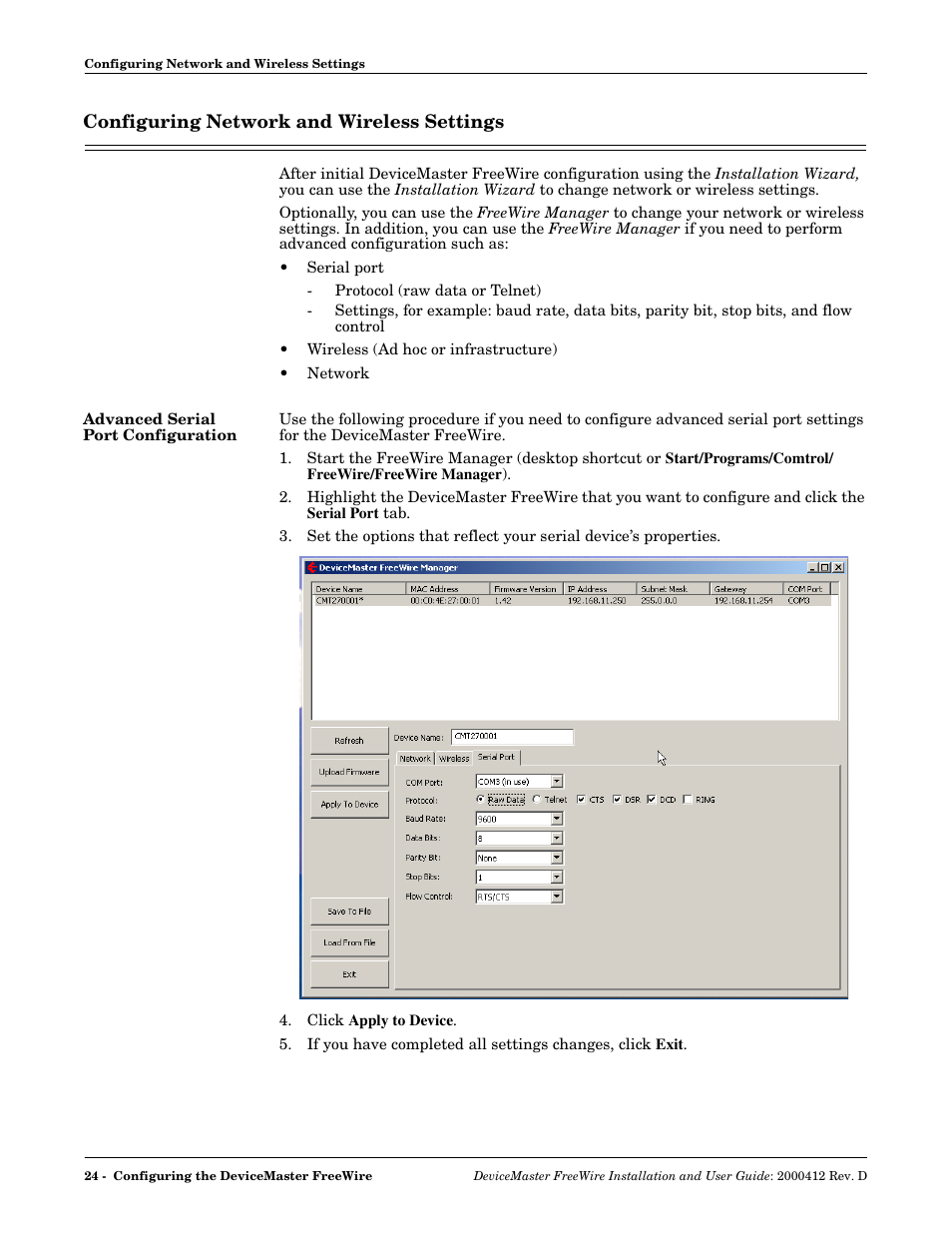 Configuring network and wireless settings, Advanced serial port configuration, Characteristics, go to | Advanced serial port, Configuration | Comtrol FreeWire User Manual | Page 24 / 54