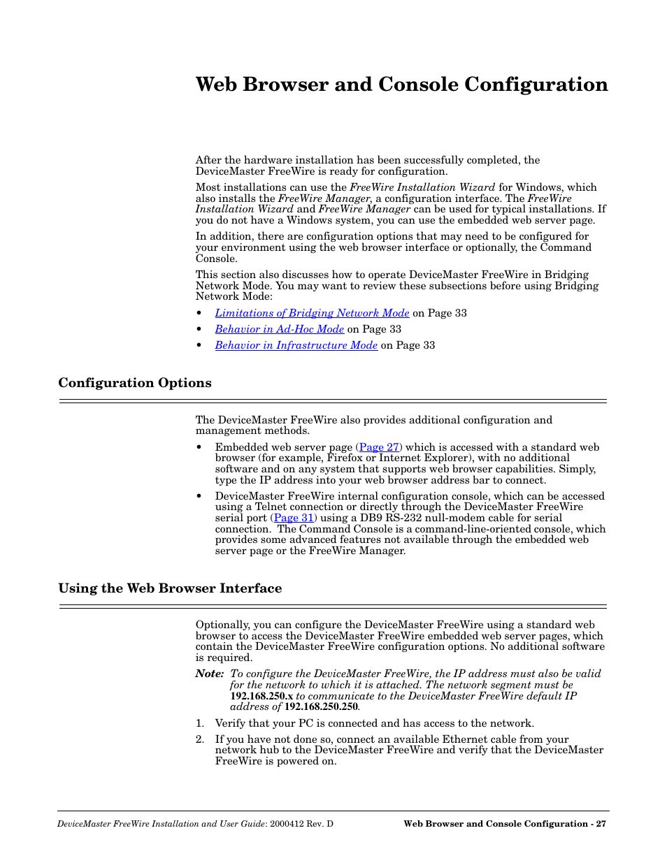 Web browser and console configuration, Configuration options, Using the web browser interface | Comtrol FreeWire User Manual | Page 27 / 54