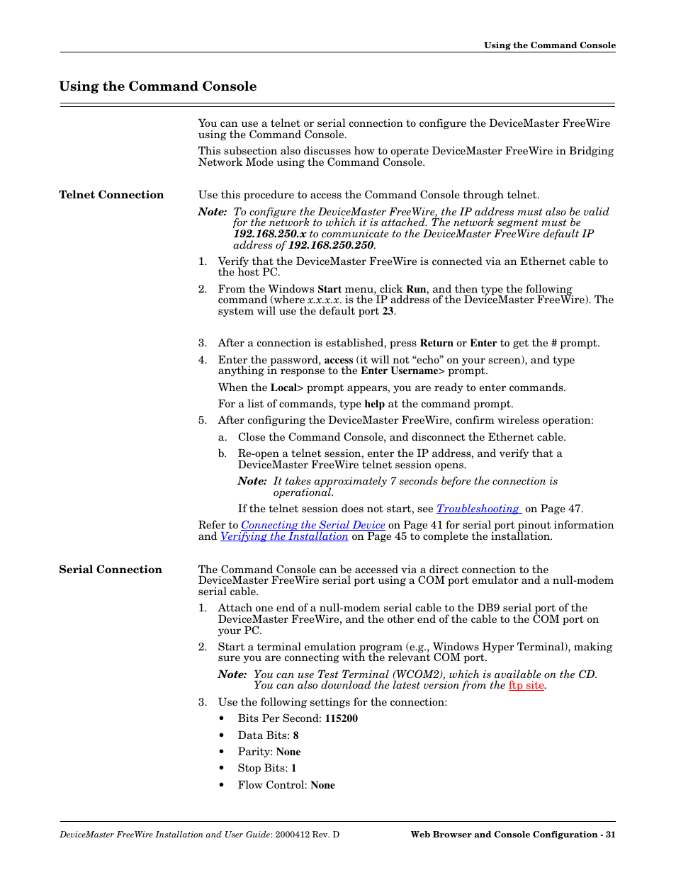 Using the command console, Telnet connection, Serial connection | Telnet connection serial connection, Port, Usin | Comtrol FreeWire User Manual | Page 31 / 54