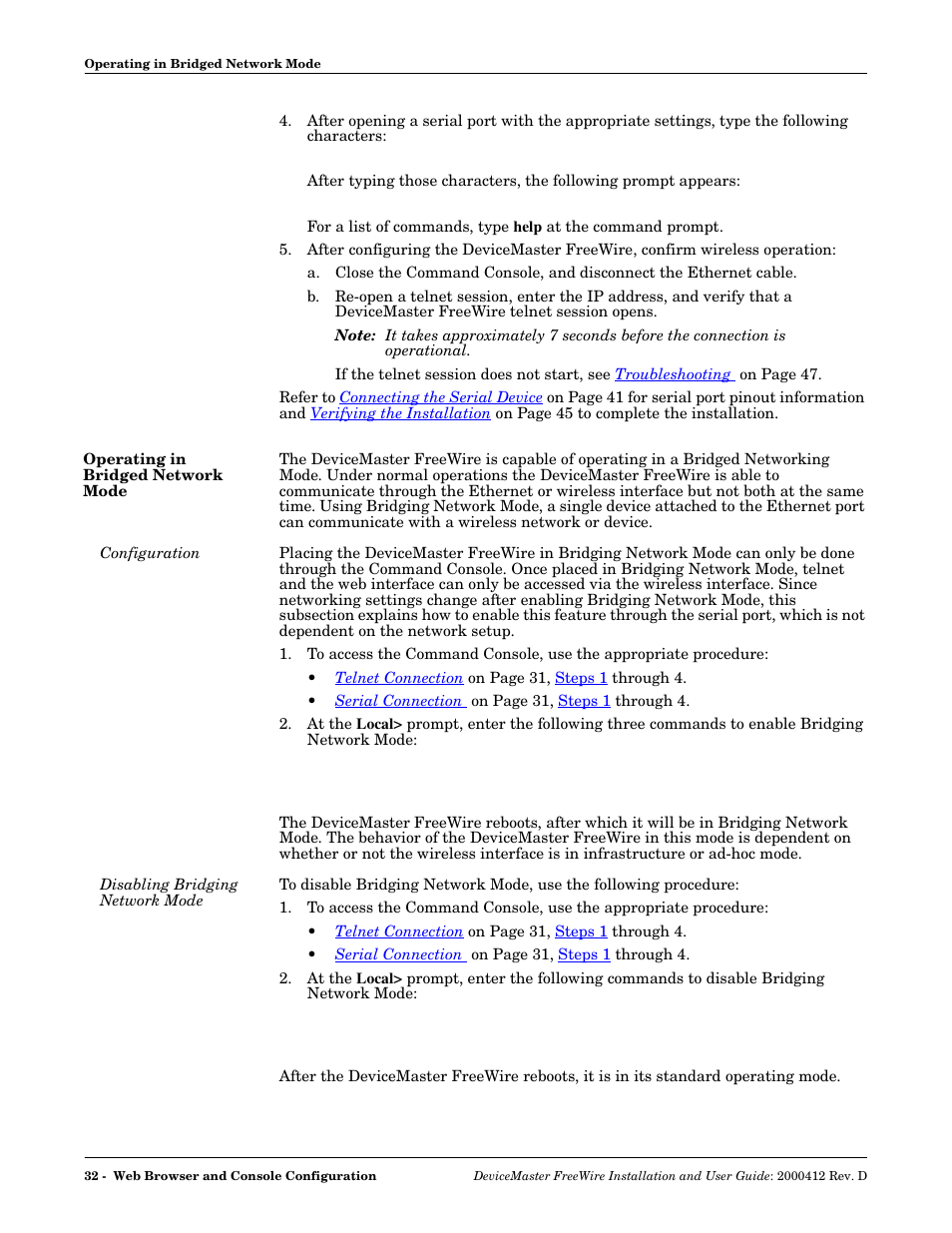 Operating in bridged network mode, Configuration, Disabling bridging network mode | Configuration disabling bridging network mode | Comtrol FreeWire User Manual | Page 32 / 54